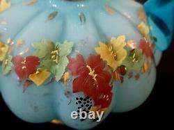 Vintage Fenton Blue Charleton Melon Vase Pitcher Handle Leaves Grapes Gold Trim