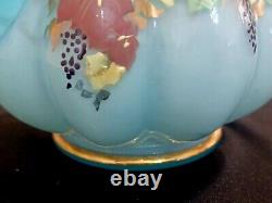 Vintage Fenton Blue Charleton Melon Vase Pitcher Handle Leaves Grapes Gold Trim
