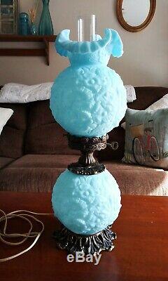 Vintage Fenton Blue Poppy Gone With The Wind Hurricane Parlor Glass 3-way Lamp