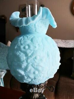 Vintage Fenton Blue Poppy Gone With The Wind Hurricane Parlor Glass 3-way Lamp