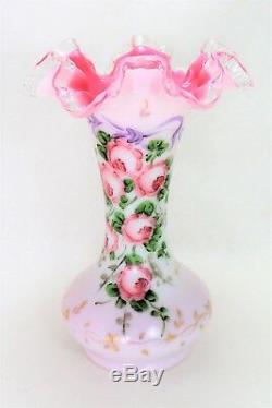 Vintage Fenton Charleton 8 HAND-PAINTED Milk Glass Pink & Clear RUFFLED VASE