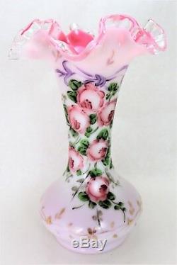 Vintage Fenton Charleton 8 HAND-PAINTED Milk Glass Pink & Clear RUFFLED VASE