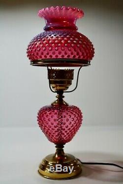 Vintage Fenton Cranberry & Opal Hobnail Electric Lamp Victorian Design