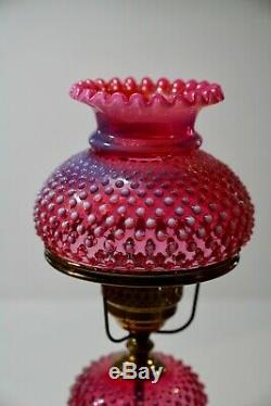 Vintage Fenton Cranberry & Opal Hobnail Electric Lamp Victorian Design
