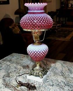 Vintage Fenton Cranberry Opal Hobnail Electric Lamp Victorian Design Marble Base