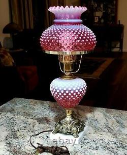 Vintage Fenton Cranberry Opal Hobnail Electric Lamp Victorian Design Marble Base