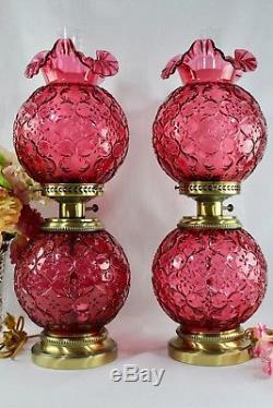 Vintage Fenton Cranberry Spanish Lace Opalescent GWTW Electric Lamps One Pair