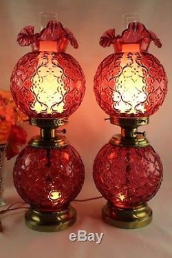 Vintage Fenton Cranberry Spanish Lace Opalescent GWTW Electric Lamps One Pair