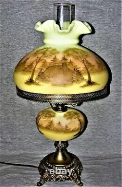Vintage Fenton Custard Log Cabin Hand Painted Lamp by Dane F. & Matching Plate