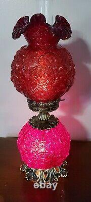 Vintage Fenton Dark Ruby Red Poppy GWTW Hurricane Lamp 24 1/2