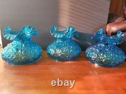 Vintage Fenton Glass Blue Poppy Flowers Ruffled Lamp Shade Excellent 2 Available