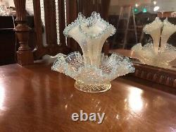 Vintage Fenton Hobnail Diamond Lace 3 Horn Large Glass Blue Opalescent Epergne