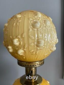Vintage Fenton Honey Amber Cased Glass Cabbage Rose Gwtw Parlor Lamp 20