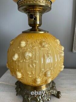 Vintage Fenton Honey Amber Cased Glass Cabbage Rose Gwtw Parlor Lamp 20