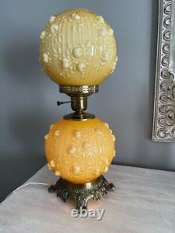 Vintage Fenton Honey Amber Cased Glass Cabbage Rose Gwtw Parlor Lamp 20