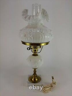 Vintage Fenton Milkglass Cabbage Rose Student Desk Lamp with Marble Base