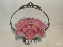 Vintage Fenton Peach Crest Brides Basket With Holder