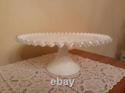 Vintage Fenton Silver Crest Spanish Lace Pedestal Milk Glass Wedding Cake Plate