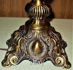 Vintage Fenton Victorian Brass Banquet Lamp withCranberry Swirl Ruffled Shade