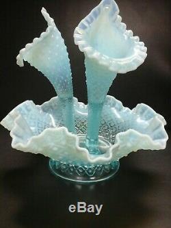 Vintage Fenton Victorian Epergne Opal. Diamond Lace Footed With 3 Horns