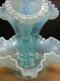 Vintage Fenton Victorian Epergne Opal. Diamond Lace Footed With 3 Horns