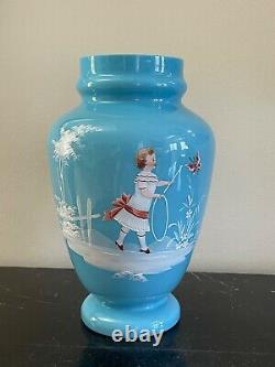 Vintage Gorgeous Victorian Opaline Art Glass Urn Vase with Enamel Decoration