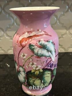 Vintage Hand-Enameled Pink Over White Opaline Mantle Vase Attributed To Harrach