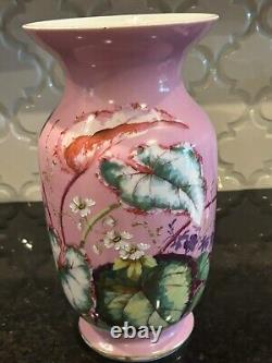 Vintage Hand-Enameled Pink Over White Opaline Mantle Vase Attributed To Harrach