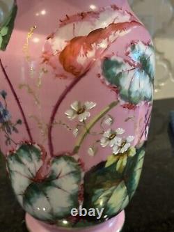 Vintage Hand-Enameled Pink Over White Opaline Mantle Vase Attributed To Harrach