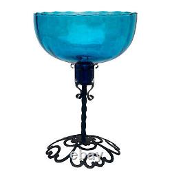 Vintage Italian Victorian Blue Art Glass Compote Bowl Candy Dish with Metal Stand