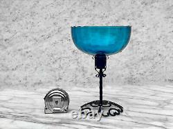 Vintage Italian Victorian Blue Art Glass Compote Bowl Candy Dish with Metal Stand
