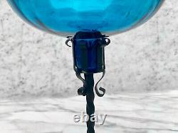 Vintage Italian Victorian Blue Art Glass Compote Bowl Candy Dish with Metal Stand