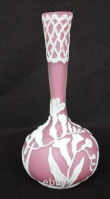 Vintage Kathleen Orme / Joseph Morel Cameo Art Glass Floral Pink Vase Signed