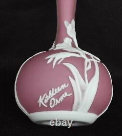 Vintage Kathleen Orme / Joseph Morel Cameo Art Glass Floral Pink Vase Signed