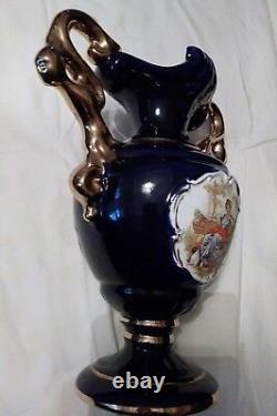 Vintage Large Cobalt Blue & Gold 14 Vase 2 Handles Victorian Scene Italy