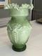 Vintage Large Hand Blown Art Glass Victorian Green & White Ruffled Vase, 12 T