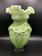 Vintage Large Hand Blown Art Glass Victorian Green & White Ruffled Vase, 12 T