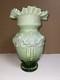 Vintage Large Hand Blown Art Glass Victorian Green & White Ruffled Vase, 12 T