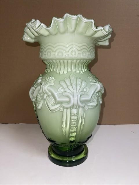 Vintage Large Hand Blown Art Glass Victorian Green & White Ruffled Vase, 12 T