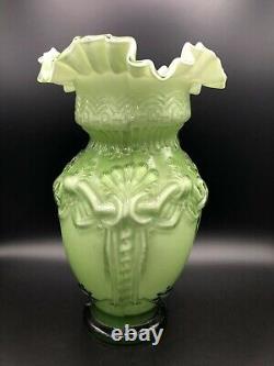 Vintage Large Hand Blown Art Glass Victorian Green & White Ruffled Vase, 12 T