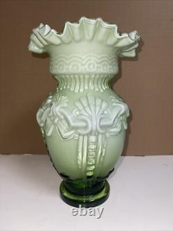 Vintage Large Hand Blown Art Glass Victorian Green & White Ruffled Vase, 12 T Vintage Large Hand Blown Art Glass Victorian Green & White Ruffled Vase, 12 T