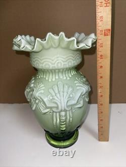 Vintage Large Hand Blown Art Glass Victorian Green & White Ruffled Vase, 12 T Vintage Large Hand Blown Art Glass Victorian Green & White Ruffled Vase, 12 T