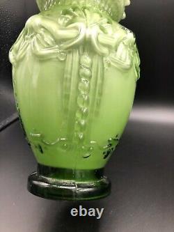 Vintage Large Hand Blown Art Glass Victorian Green & White Ruffled Vase, 12 T