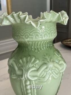 Vintage Large Hand Blown Art Glass Victorian Green & White Ruffled Vase, 12 T Vintage Large Hand Blown Art Glass Victorian Green & White Ruffled Vase, 12 T