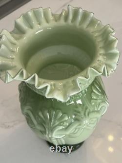 Vintage Large Hand Blown Art Glass Victorian Green & White Ruffled Vase, 12 T Vintage Large Hand Blown Art Glass Victorian Green & White Ruffled Vase, 12 T