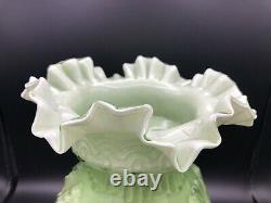 Vintage Large Hand Blown Art Glass Victorian Green & White Ruffled Vase, 12 T