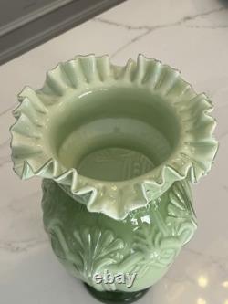 Vintage Large Hand Blown Art Glass Victorian Green & White Ruffled Vase, 12 T Vintage Large Hand Blown Art Glass Victorian Green & White Ruffled Vase, 12 T