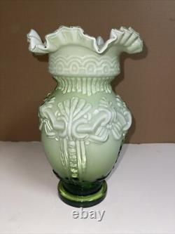 Vintage Large Hand Blown Art Glass Victorian Green & White Ruffled Vase, 12 T Vintage Large Hand Blown Art Glass Victorian Green & White Ruffled Vase, 12 T