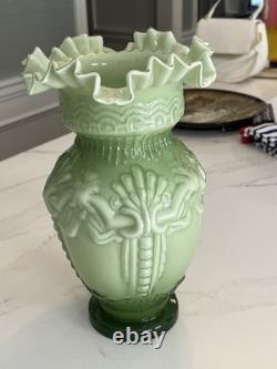 Vintage Large Hand Blown Art Glass Victorian Green & White Ruffled Vase, 12 T Vintage Large Hand Blown Art Glass Victorian Green & White Ruffled Vase, 12 T