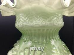 Vintage Large Hand Blown Art Glass Victorian Green & White Ruffled Vase, 12 T